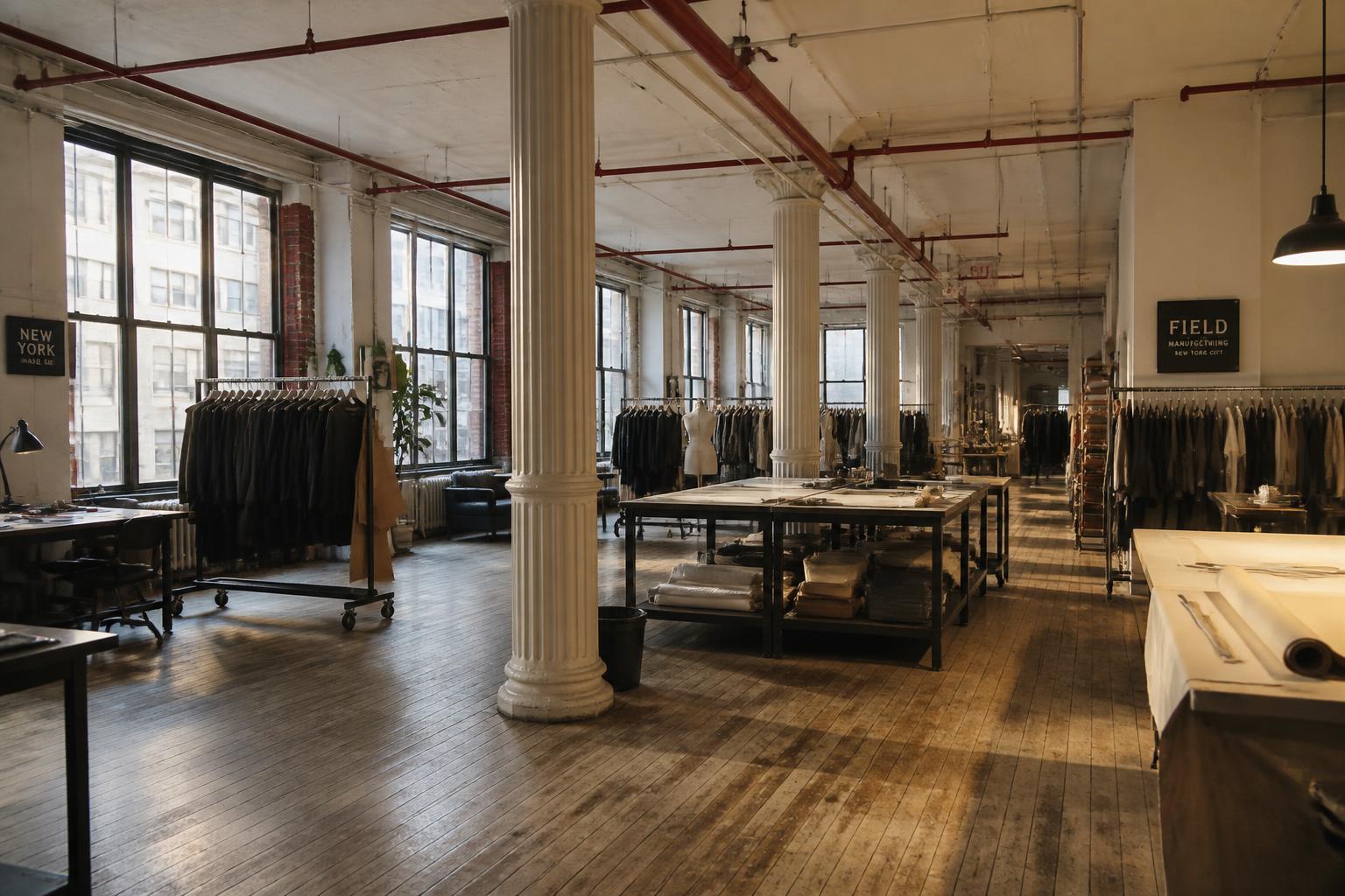 Garment District loft interior — steel columns, tall windows, open floor